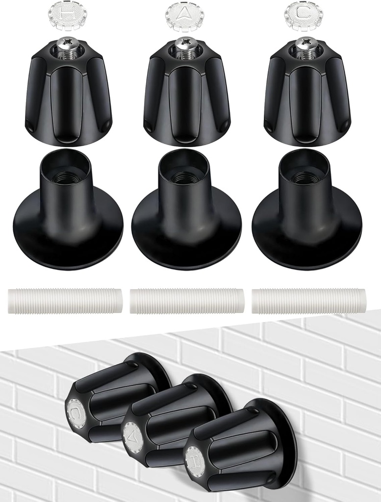 3 PCS Metal Shower Knob Replacement, Tub Faucet Handle with Hot/Cold/Diverter/Flange Base, Bathtub Knob Compatible with Price Pfister Verve Fits 5-1/2''H,12 Tooth Broach Stem (Black)