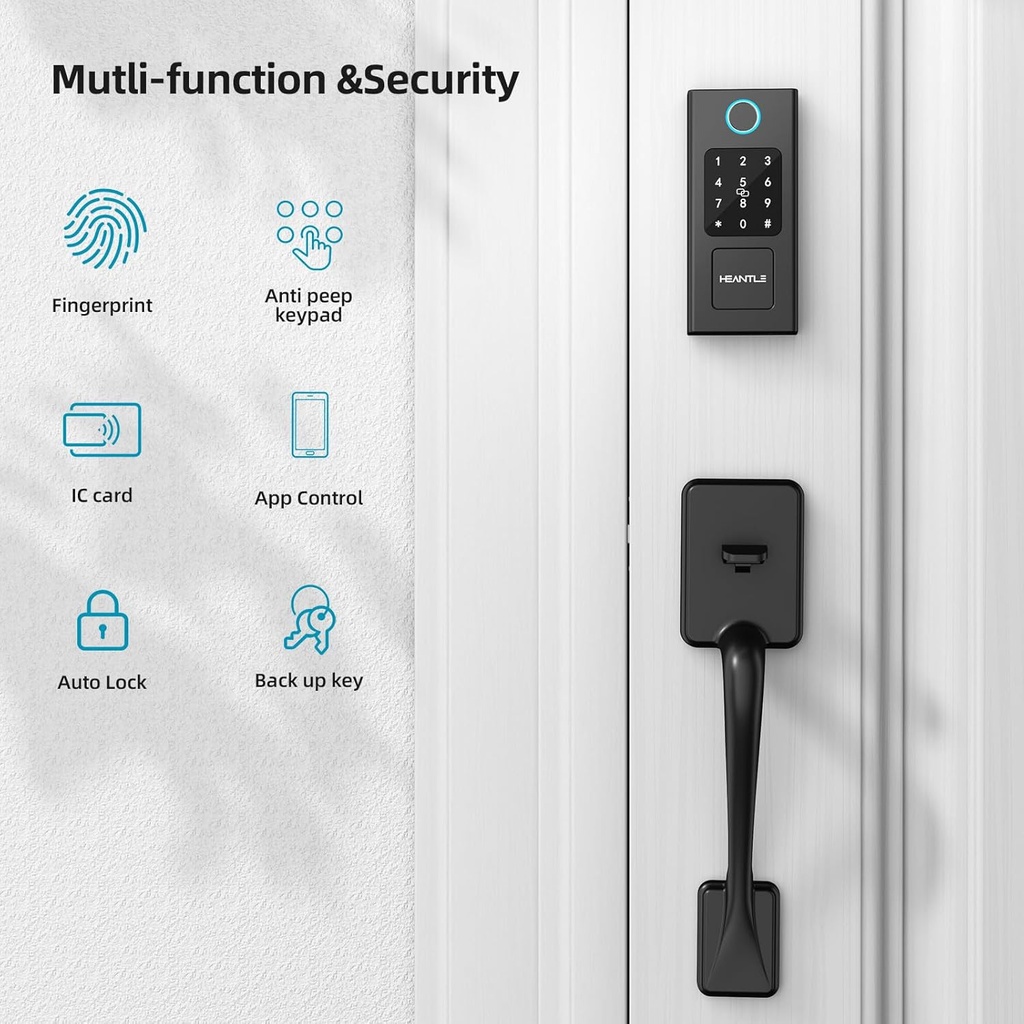 Smart Front Door Lock Set: HEANTLE Keyless Entry Door Lock Deadbolt with Handle Set, Fingerprint Smart Deadbolt Bluetooth Electronic Digital Keypad Alexa,Black