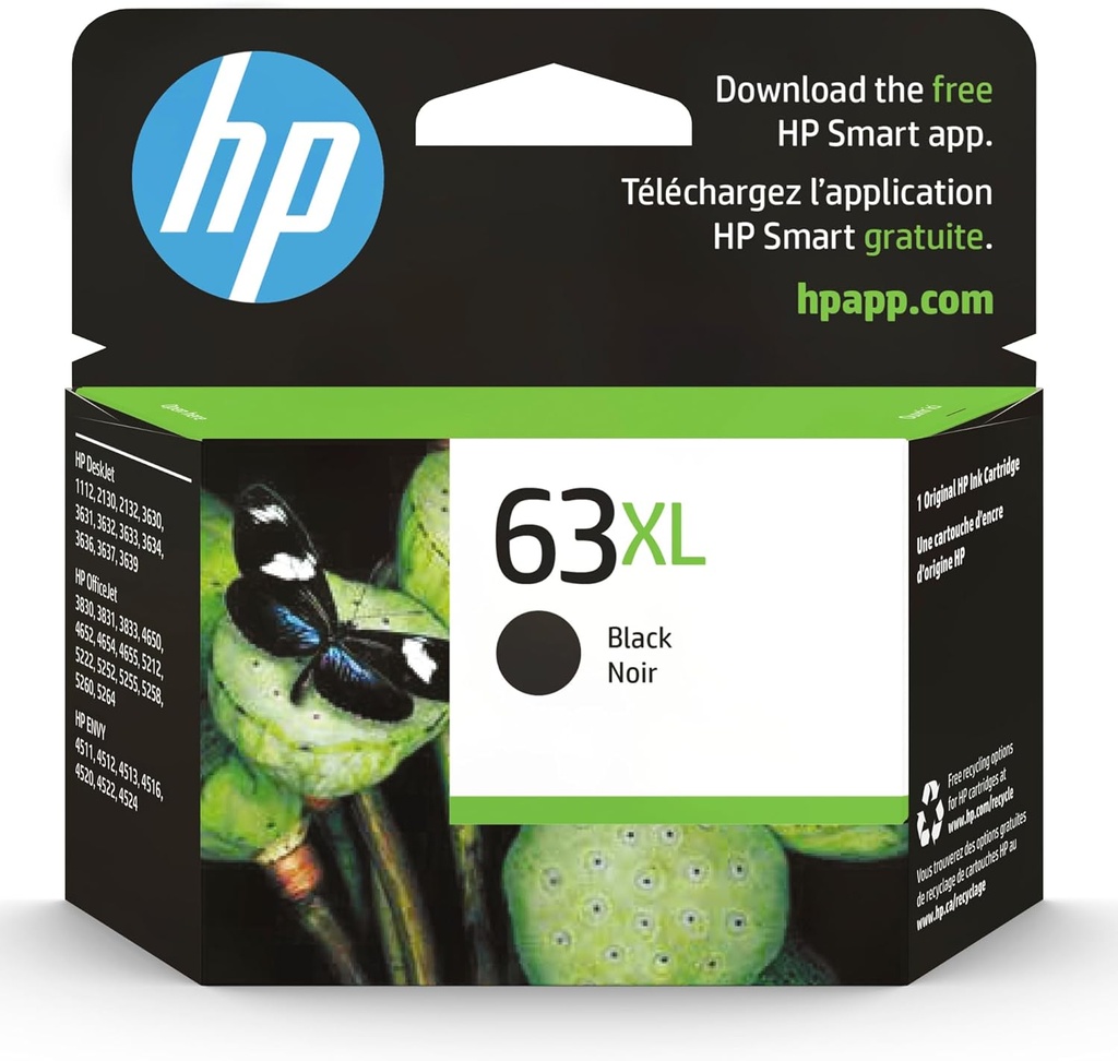 HP 63XL Black High-Yield Printer Ink Cartridge for HP Printers | Works with DeskJet 1112, 2130, 3630;ENVY 4510, 4520; OfficeJet 3830, 4650, 5200 | Eligible for Instant Ink | F6U64AN