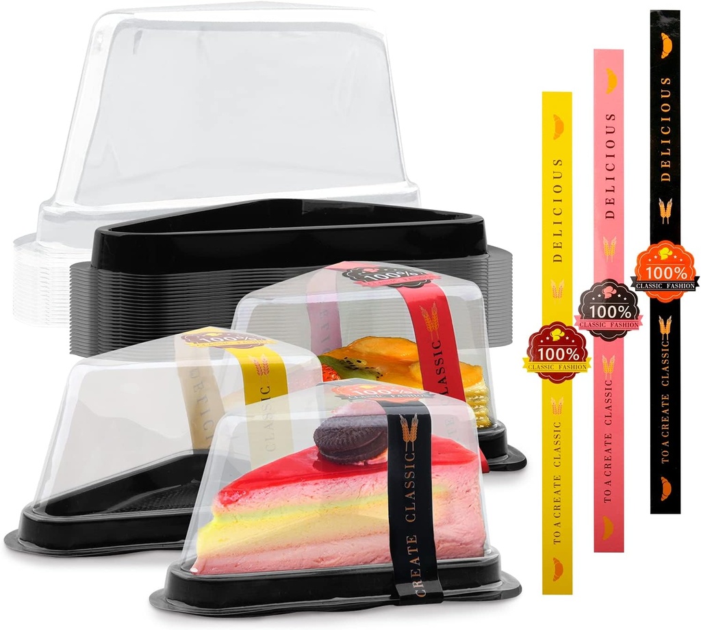 50 Pack Cake Slice Containers, Clear Plastic Cheesecake Containers Disposable Take Out Containers Individual Single Cupcake Cake Pie Slice Boxes with Lids & Stickers for Pies Snack Dessert (Black)