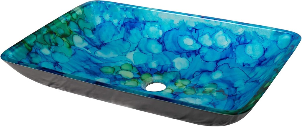 Eden Bath Blue & Green Water Lilies Rectangular Glass Sink Bowl Bathroom Vessel Sink for Vanity Top