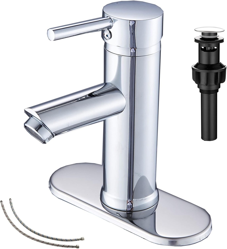 GGStudy Chrome Single Handle 1 Hole Bathroom Sink Faucet Matching Pop Up Drain with Overflow Washingroom Faucet Bathroom Vantity Faucet