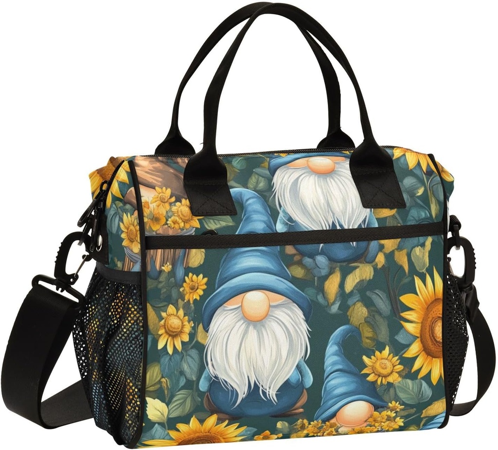 Kids Lunch Bag Gnomes with Sunflowers Insulated Lunch Box Reusable Cooler Tote Bag for Women Men Picnic School Travel Office