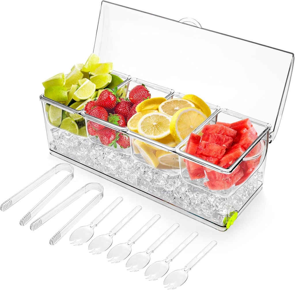 Jucoan Large Ice Chilled Condiment Server with Lid, 4 Compartments Chilled Condiment Caddy, Bar Garnish Serving Platter Holder Tray for Mimosa Taco Salad Bar, 2 Tongs, 6 Forks