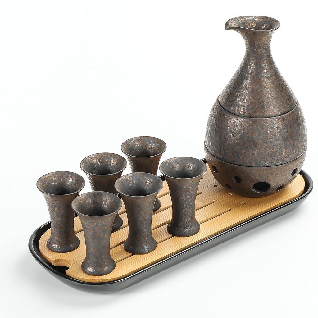 TEANAGOO 10 Pcs Sake Set, Sake Cups(0.9 Oz) with Bamboo Tray, Saki Cup Set with Warmer Pot(6 Oz), Sake Warmer Gift Sets for Friends/Family In Winter. Sake Set with Warmer for Christmas, Birthday, T4