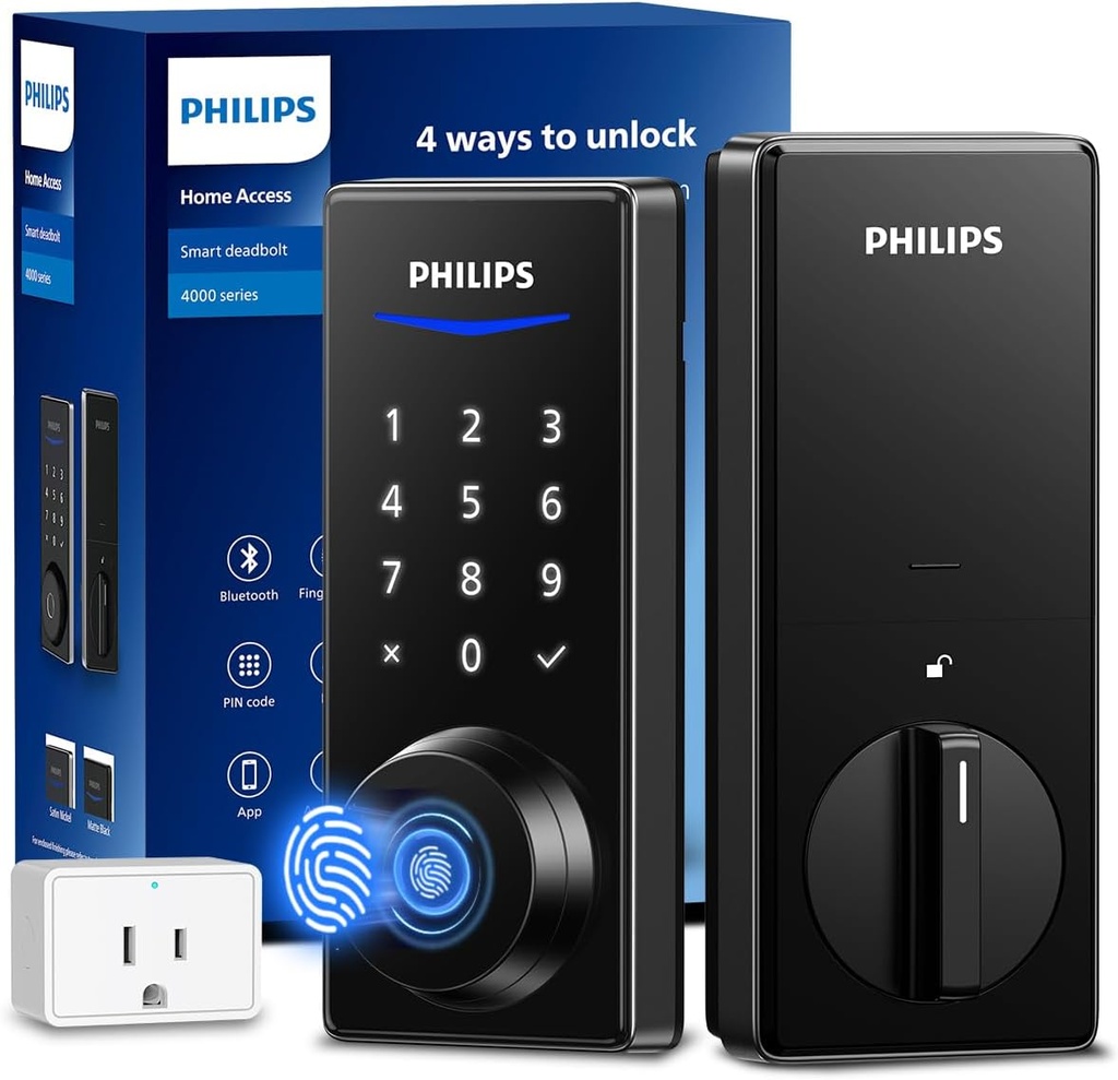 Philips Wi-Fi Smart Door Lock, Keyless Entry Door Lock with App Control,Fingerprint ID,Auto Lock,Keypad Deadbolt with Wi-Fi Bridge Adaptor,Smart Locks for Front Door-Matte Black