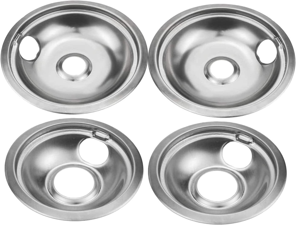 Chrome Stove Burner Drip Pans, Compatible with Whirlplool & Kenmore Electric Stove- Range Replacement Drip Pan for W10278125, 4 Pack(2x6" and 2x8")