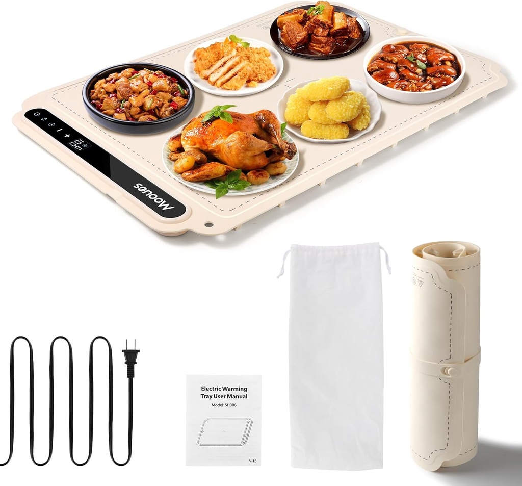 Food Warmer Mat, Versatile Full Surface Heating Food Warmer with Package, Portable Silicone Food Warming Mat with 7 Level Temperature and 6 Hours Timer