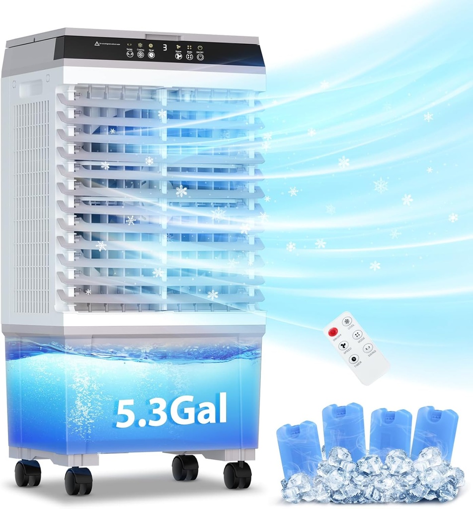 LifePlus Portable Evaporative Air Cooler Swamp Cooler with 4 Ice Packs, 12H Timer, Remote Control, 3 Speed & 3 Modes Air Cooling Fan for Home, Bedroom, Office