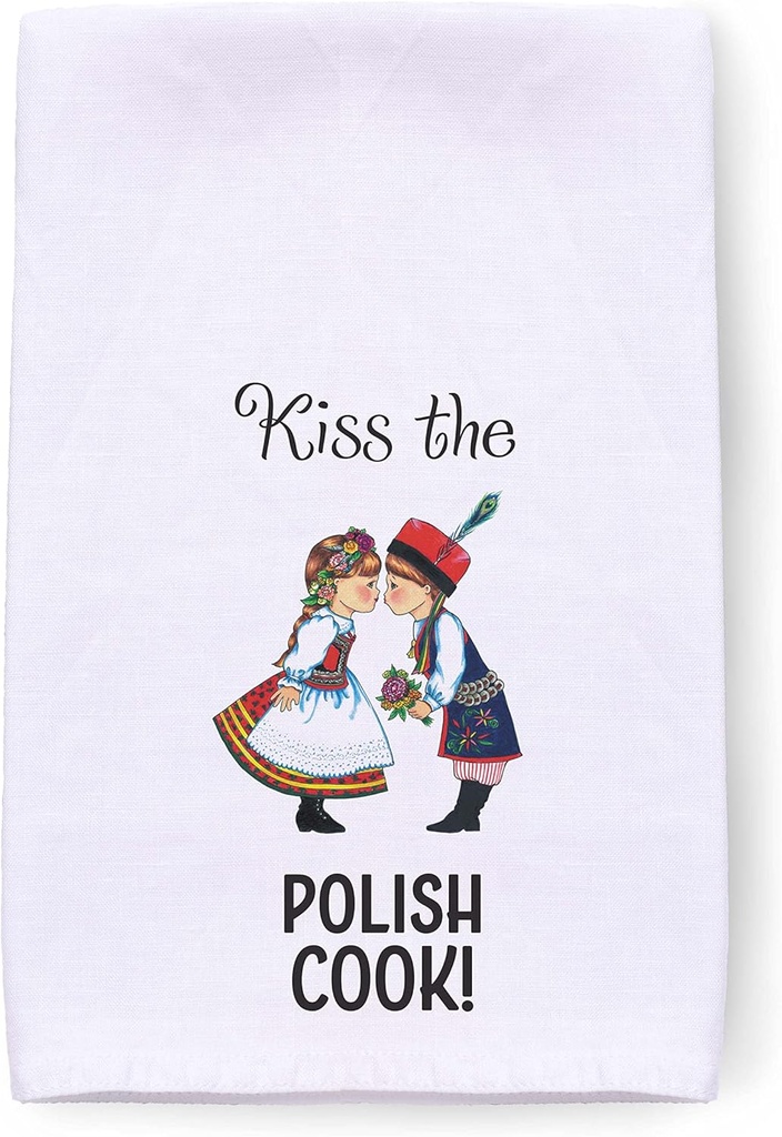 Essence of Europe Gifts ScandinavianGiftOutlet | Kiss The Polish Cook 24x24 Decorative Print, Flour Sack Dish Towels, 100% Cotton Flour Sack Kitchen Towels | Unique Gift with Loop for Easy Hanging.