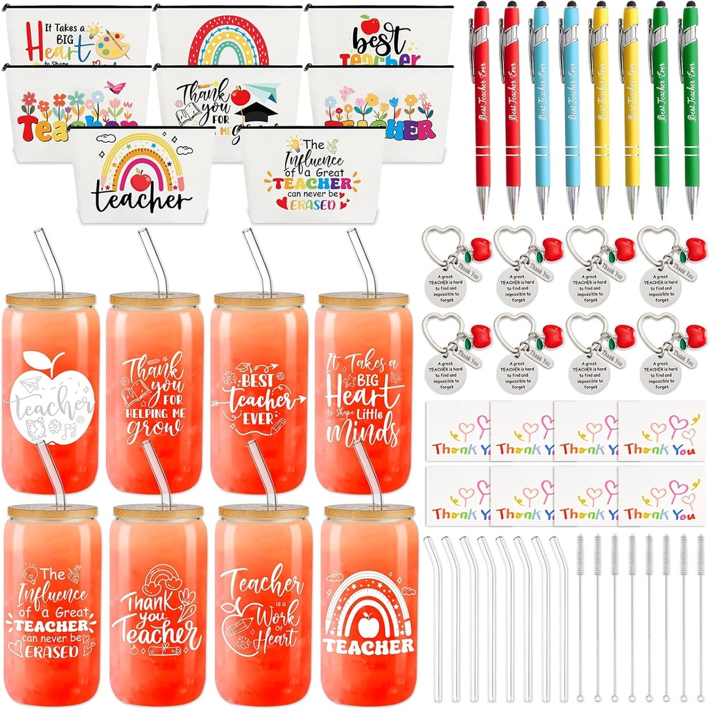 56Pcs Christmas Teacher Appreciation Gifts Set with Glass Cup Keychains Zipper Bag Pen Greeting Card for Men Women Birthday Thank You Graduation Retirement Gifts Bulk from Students