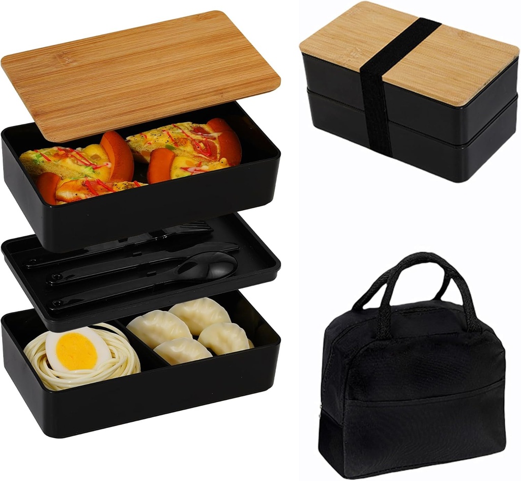 Japanese Bento Box Adult with Bamboo Lid, Lunch Box with 2 Compartments for Women Men Stackable Lunchable Container with Utensil Set 40 OZ Meal Prep Containers Microwave Dishwasher Safe (Black)