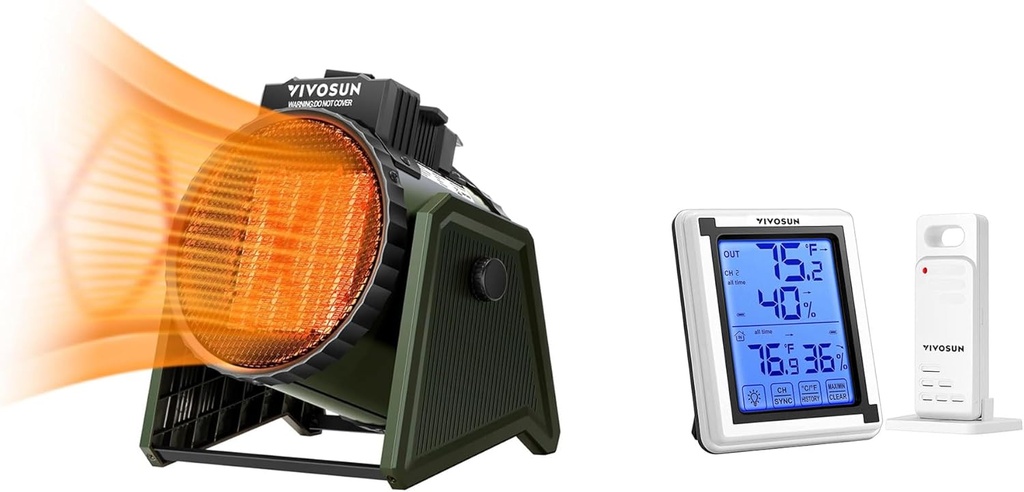 VIVOSUN Portable Greenhouse Heater and Indoor Outdoor Thermometer Wireless Digital Hygrometer Temperature and Humidity Monitor with Touchscreen LCD Backlight
