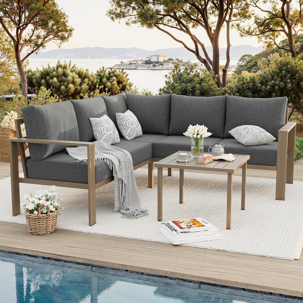 6 Pieces Patio Furniture Set, Wood-Look Metal Outdoor Sectional Furniture Conversation Set, L Shape Patio Couch with Side Table, 6.5" Thick Olefin Cushions for Garden, Backyard, Deck(Dark Grey)
