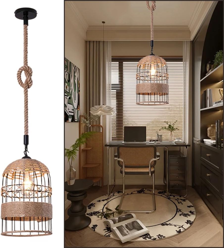 Classic Industrial Style Woven Pendant Light 30 CM Nordic Handmade Hemp Rope Weaving Chandelier Lamps for Study, Restaurant, Reading Room, Café E 27 Hanging Light