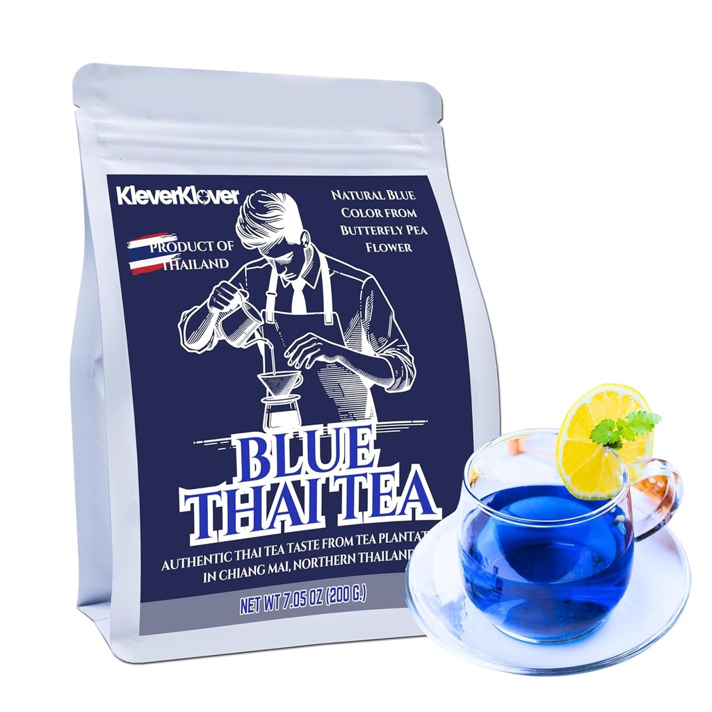 KLEVERKLOVER Blue Thai Tea Blend - Traditional Loose Leaf Assam Black Tea with Butterfly Pea Flower - Authentic Thai Taste - Perfect for Hot & Iced Tea, Boba & Lattes | No Food Dye | 7.05 Oz