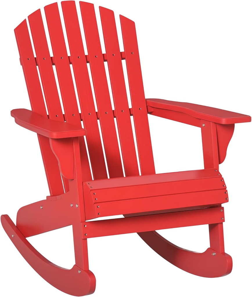 Outsunny Wooden Adirondack Rocking Chair Outdoor Lounge Chair Fire Pit Seating with Slatted Wooden Design, Fanned Back, & Classic Rustic Style for Patio, Backyard, Garden, Lawn, Red