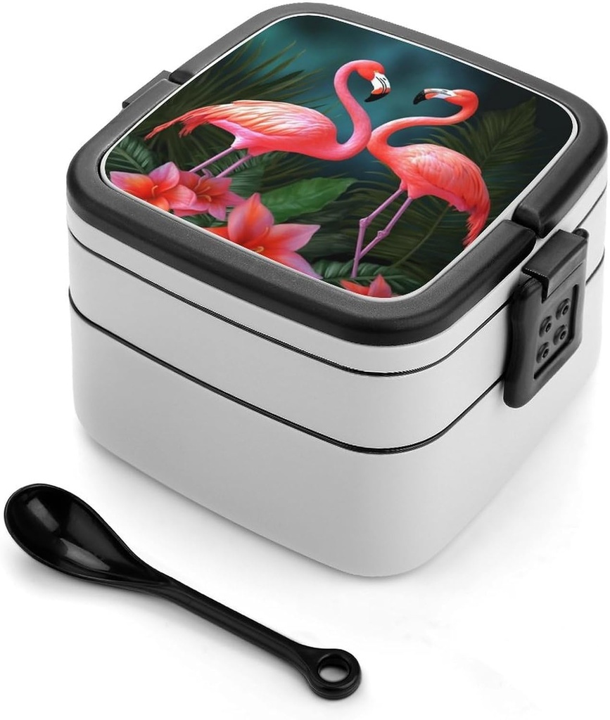All-in-One Bento Box Stackable Leak-Proof Lunch Box With Carry Handle 2 Layer Portable Meal Prep Container Flamingo Flowers Lunchbox with Utensils for Dining Out Work