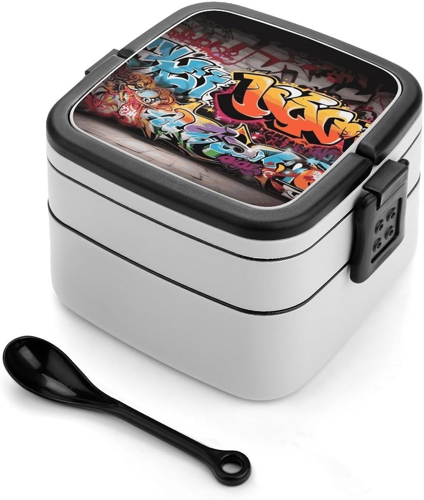 Stackable Double-Layer Bento Box Graffiti Hip Hop Adults Lunchbox With Spoon Cute Japanese Bento Box Dishwasher Safe for Work Travel Dining Outc