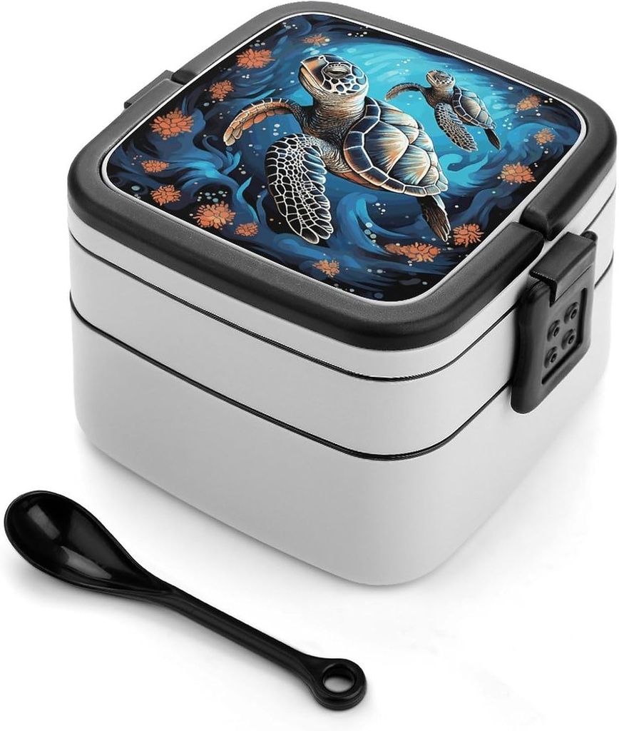 Sea Turtle Boho Style Bento Box with Spoon, 2-layer Stackable Lunch Box Leak Proof with Invisible Handle, Insulated Food Storage for Office, Picnic & Travel