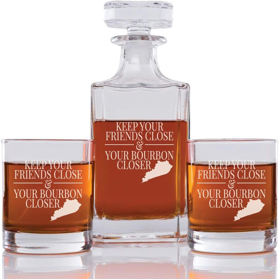 Abby Smith Keep Your Friends Close And Your Bourbon Closer Engraved Decanter and Rock Glasses, Set of 3