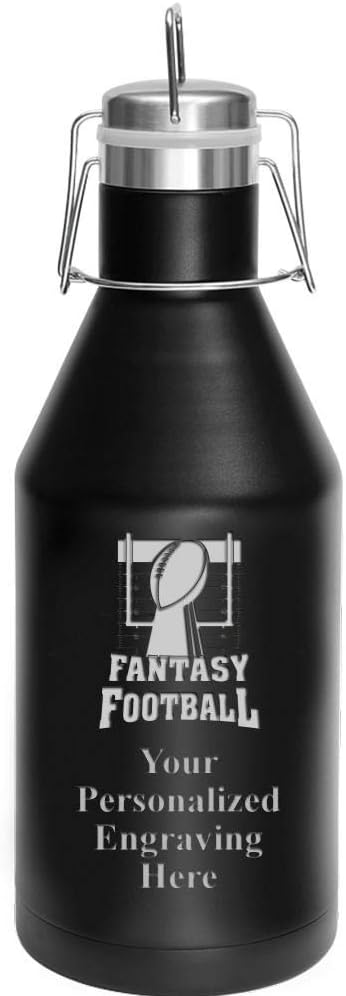 Fantasy Football Growler, 64 oz Custom Black Fantasy Football Stainless Steel Growler, Engraving Included