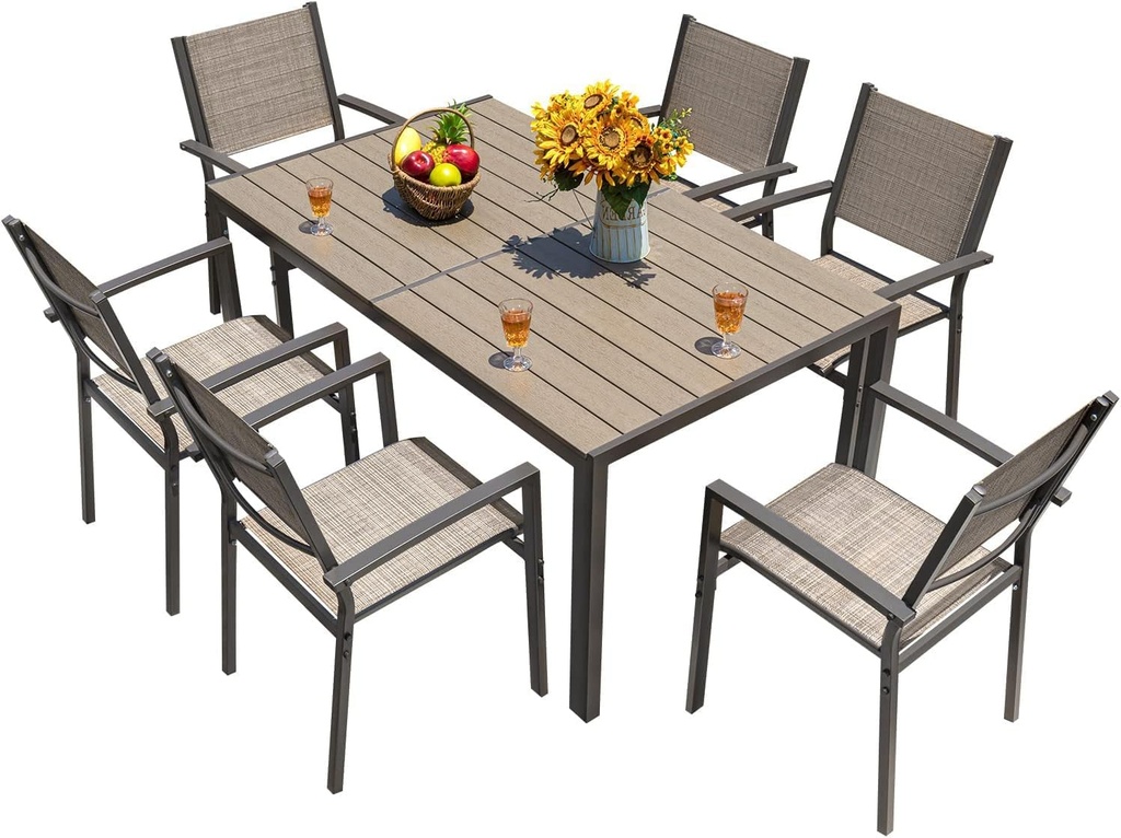 Homall Patio Dining Set 7 Pieces Outdoor Furniture with Large Table and 6 Textilene Chairs for Porch, Poolside, Yard and Garden, Brown