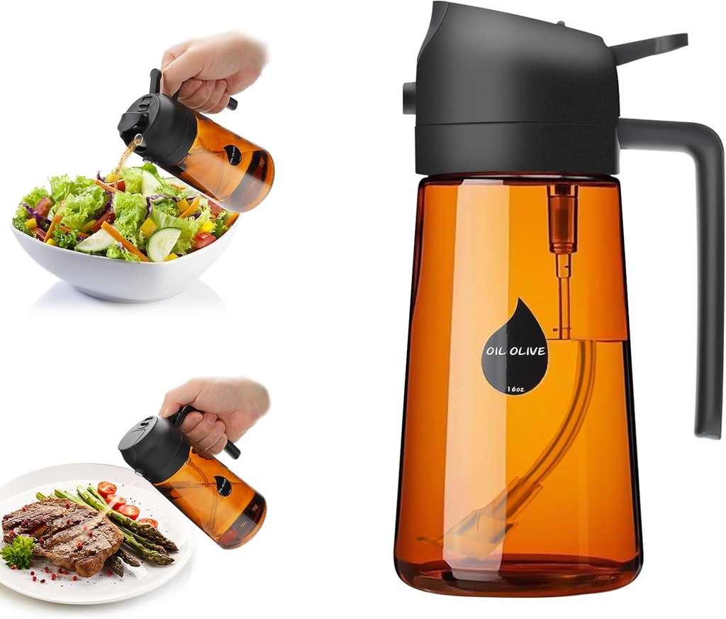 2 in 1 Oil Sprayer for Cooking, Olive Oil Dispenser Bottle for Kitchen Spray and Pour, 16oz/470ml Light-Blocking Dark Amber Glass Brown Bottle, Food-Grade Oil Mister for Air Fryer Black Cap
