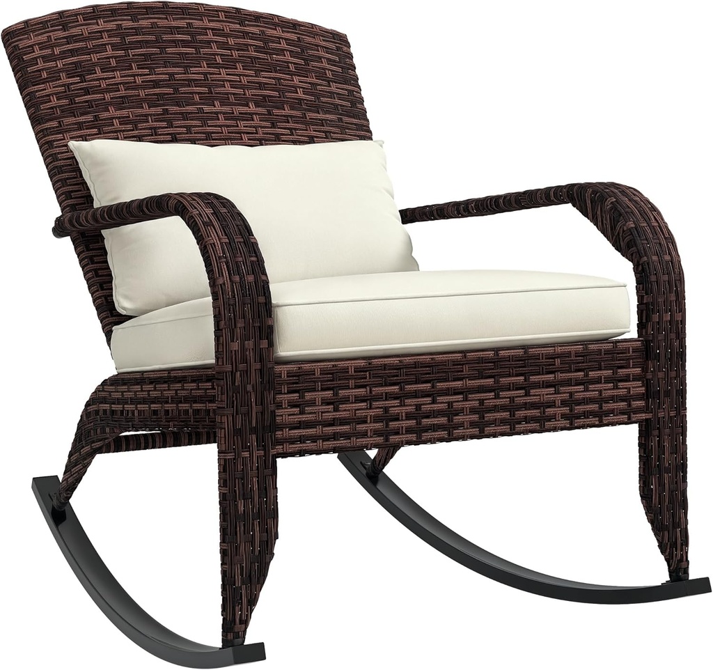 Outsunny Outdoor Wicker Adirondack Rocking Chair, Patio Rattan Rocker Chair with High Back, Seat Cushion, and Pillow for Garden, Porch, Balcony, Cream White