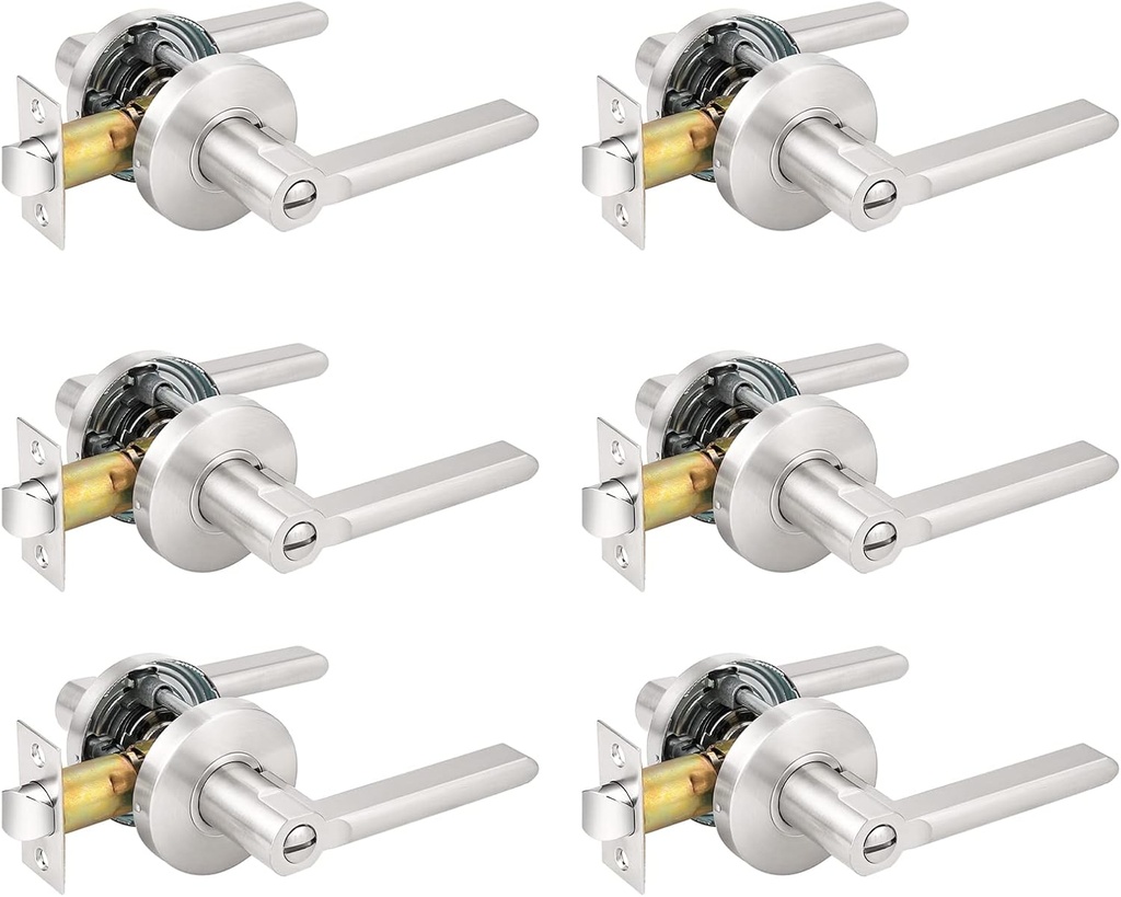 Probrico Satin Nickel Privacy Door Levers, Flat Interior Bath/Bed Door Handles, Reversible for Right & Left Handed Bedroom/Bathroom Doors, 6 Pack