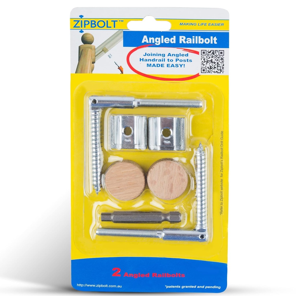 Zipbolt 11.560 Angled Railbolt — Angled Staircase Handrail to Newel Post Connector for Lower Connection, Residential and Commercial Installation, New Construction and Remodels
