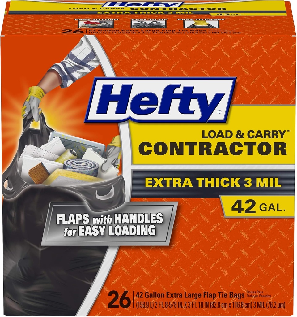 Hefty Load & Carry Heavy Duty Contractor Large Trash Bags, 42 Gallon, 26 Count