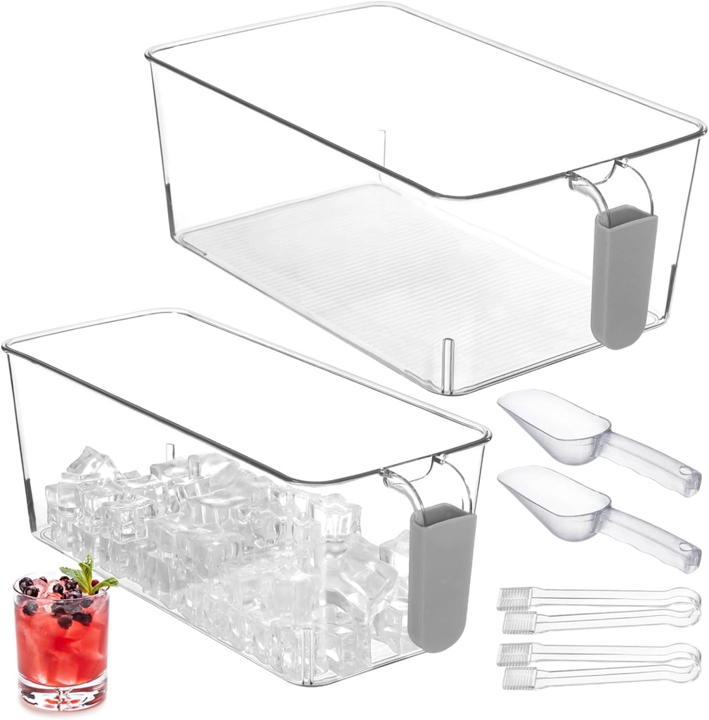 Clear Ice Bin Set Of 6 For Freezers, Includes Scoop And Tongs, Plastic Ice Bucket With Pull-Out Handle, Great For Diy Drinks