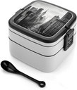 Black And White New York Bento Box Leak-Proof Double Layered Lunch Containers with Spoons And Invisible Handle, Portable Lunch Boxes for Work Picnic Travel