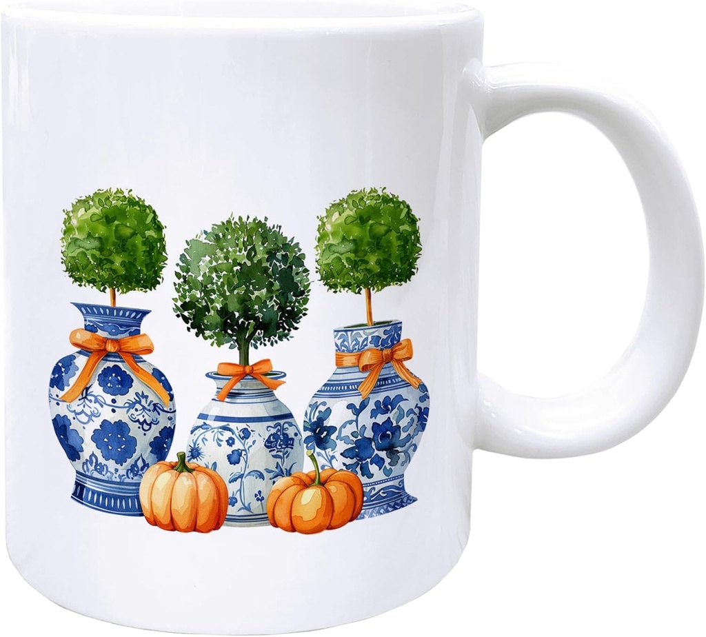 Fall Chinoiserie Pumpkin Coffee Mugs, Fall Mugs, Blue and White Porcelain Chinoiserie Topiary Coffee Teacup, Autumn Gifts for Women Men, Preppy Orange Bow Pumpkin Ceramic CoffeeMug 11oz