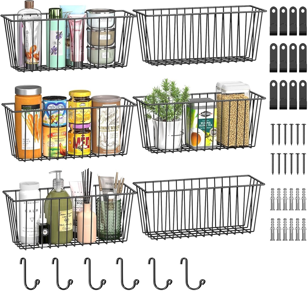 Simple Trending 6 Pack Wire Basket Wall Mount Baskets Hanging Baskets, Cabinets Organizer and Storage with Hooks for Kitchen, Garage and Bathroom