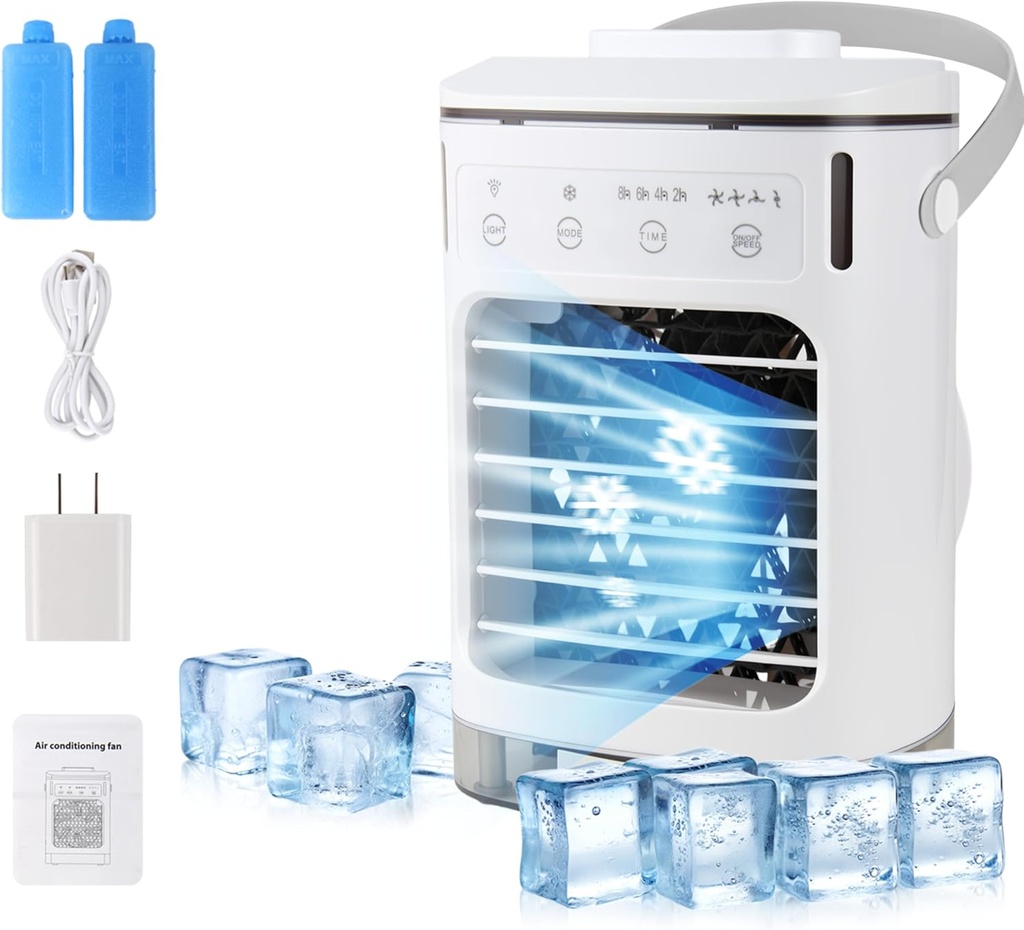 Portable Air Conditioners,4-in-1 Cooling Fan,4 Speeds & 3 Modes,2-8H Timer,7 Color Lights,AC Unit with 900ML Water Tank,Quiet Personal Mini Air Conditioner Evaporative for Bedroom, Office,Home,Camping