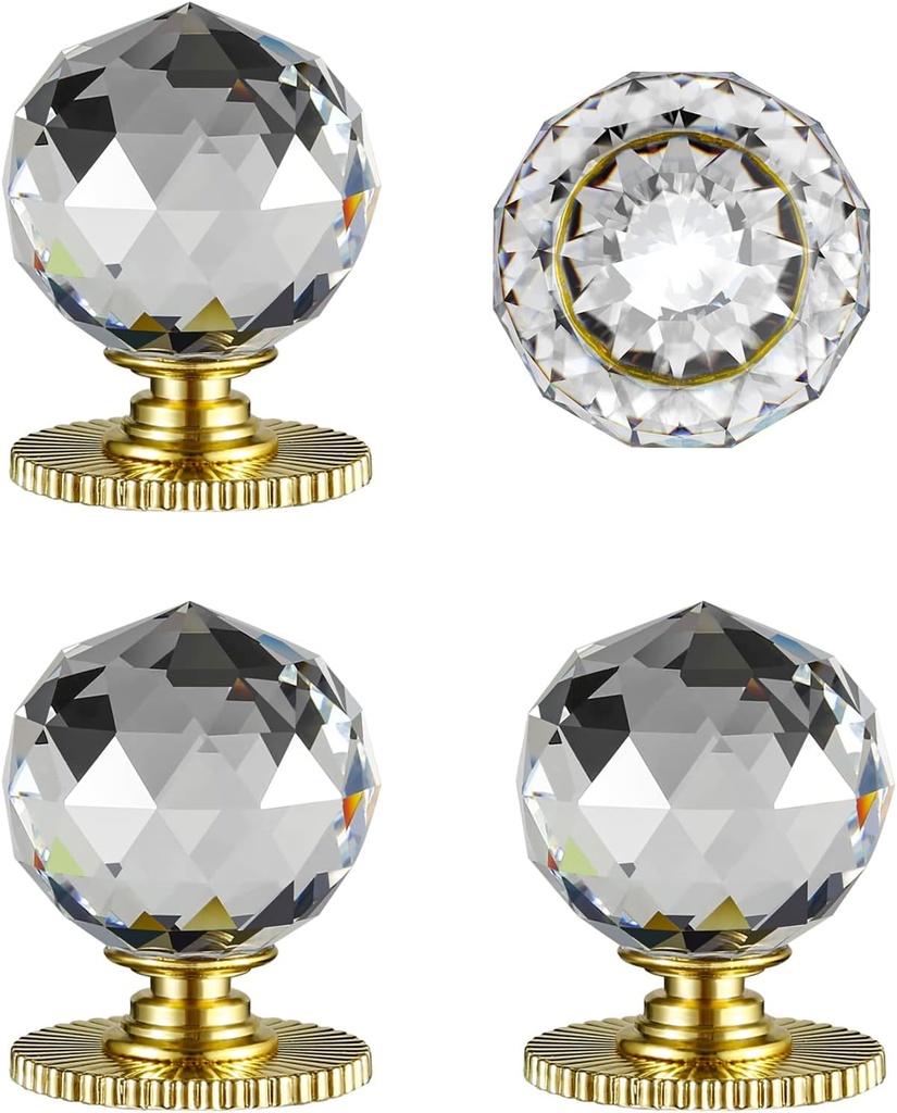 Crystal Self Stick Knobs Cabinet Knobs 1-3/5 Inch 40mm Diameter Replacement Knob with Adhesive for Cabinet Mirror Cupboard Window Glass Sliding Door Drawer (4pcs, Sunshine Gold)