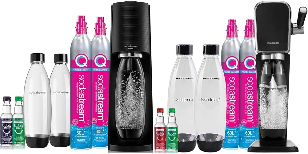 SodaStream Terra Sparkling Water Maker Bundle (Black), with CO2, DWS Bottles, and Bubly Drops Flavors & Art Sparkling Water Maker Bundle (Black), with CO2, DWS Bottles, and Bubly Drops Flavors