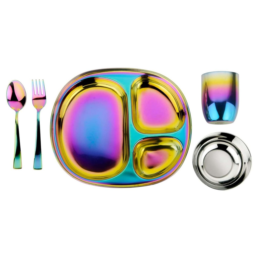 Ahimsa Stainless Steel Kids Dinnerware Set - 5 Piece Stainless Steel Toddler Plates and Bowls Set, Pediatrician Designed, Non Toxic Toddler Plate and Bowl, Kids Utensils and Cup (Rainbow)