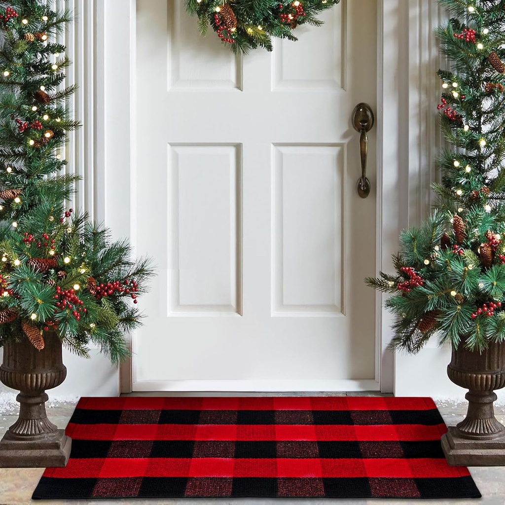 Christmas Door Mat, Red and Black Checkered Christmas Front Door Mat, Buffalo Plaid Christmas Doormat Indoor Decorations Washable Entryway Welcome Mats for Front Porch, Door, Farmhouse