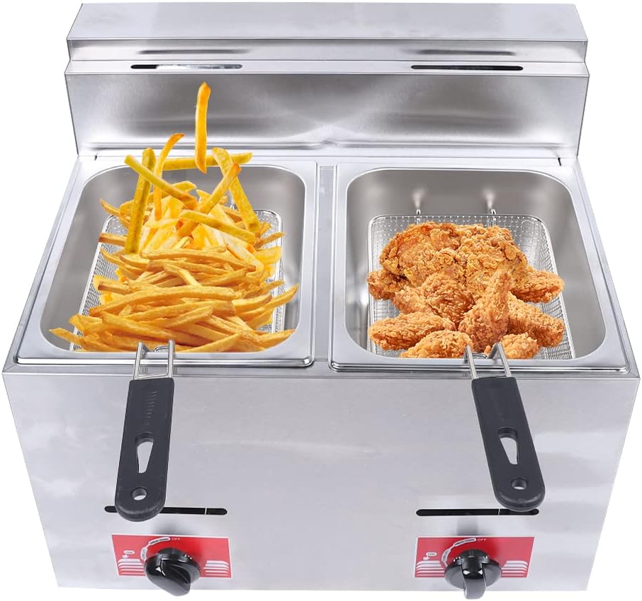 Commercial Gas Deep Fryer,Stainless Steel Countertop Low Pressure Deep Double Pot Frying Machine,w/Frying Baskets and Lids,Restaurant Kitchen Equipment for French Fries Donuts,6L*2 (B)