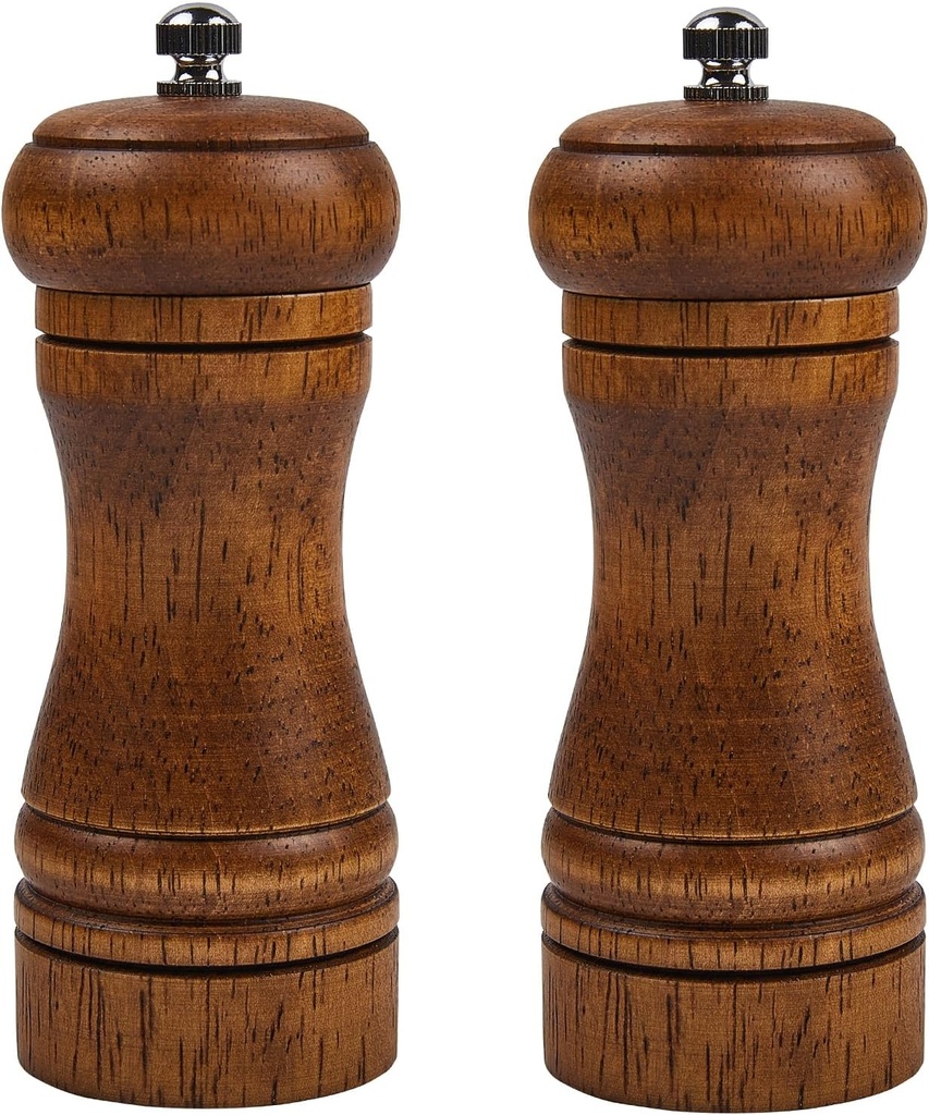 Wooden Salt and Pepper Mill Set, 5 inches, Adjustable Grinder, Classic Brown, Pack of 2