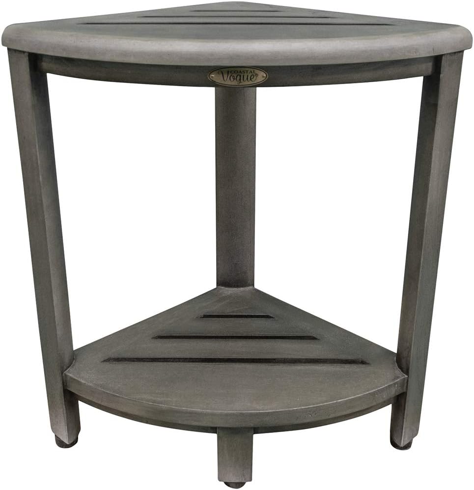 CoastalVogue Snazzy Corner Two Tier Gray Color Shelf Waterproof Teak Wood Shower Bench Stool Seat Chair For Inside Shower Provides Safety, Storage, and Organization For Bathroom Accessories