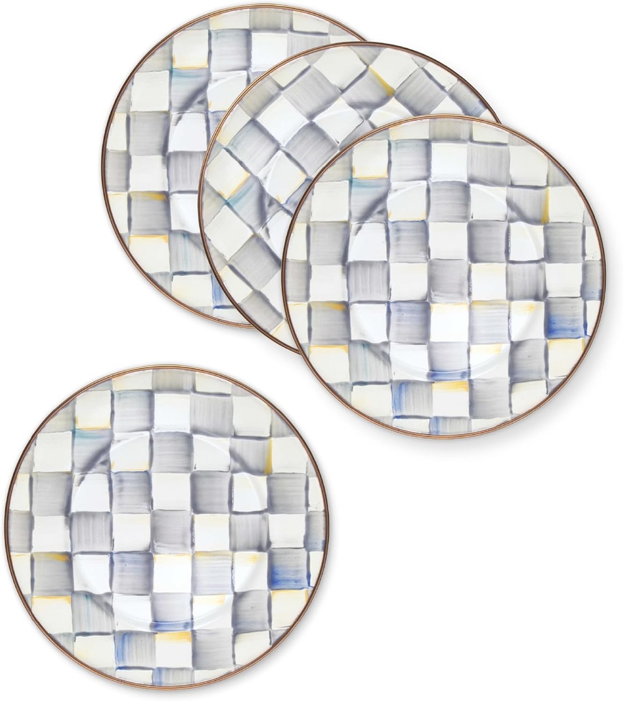 MACKENZIE-CHILDS Enamel Salad and Dessert Plate, Small Plate for a Dessert or Appetizer Dish, 8 Inches, Set of 4, Gray-and-White Sterling Check