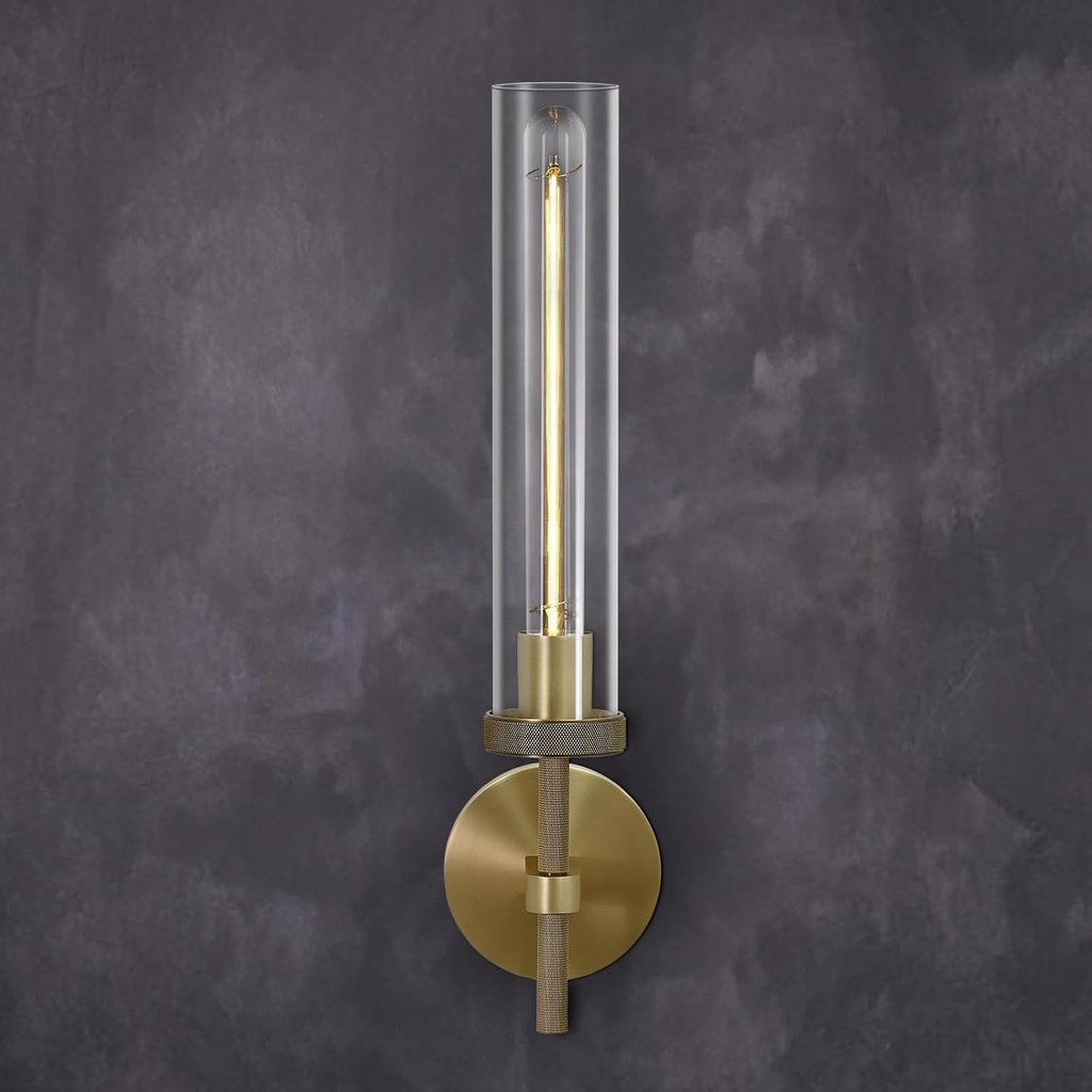 Brass Sconces Wall Lighting, 19" Tube Glass Gold Sconces, Bathroom Wall Sconces Lighting Vanity Lights Wall Lights for Living Room, Hallway, Fireplace, Staircase