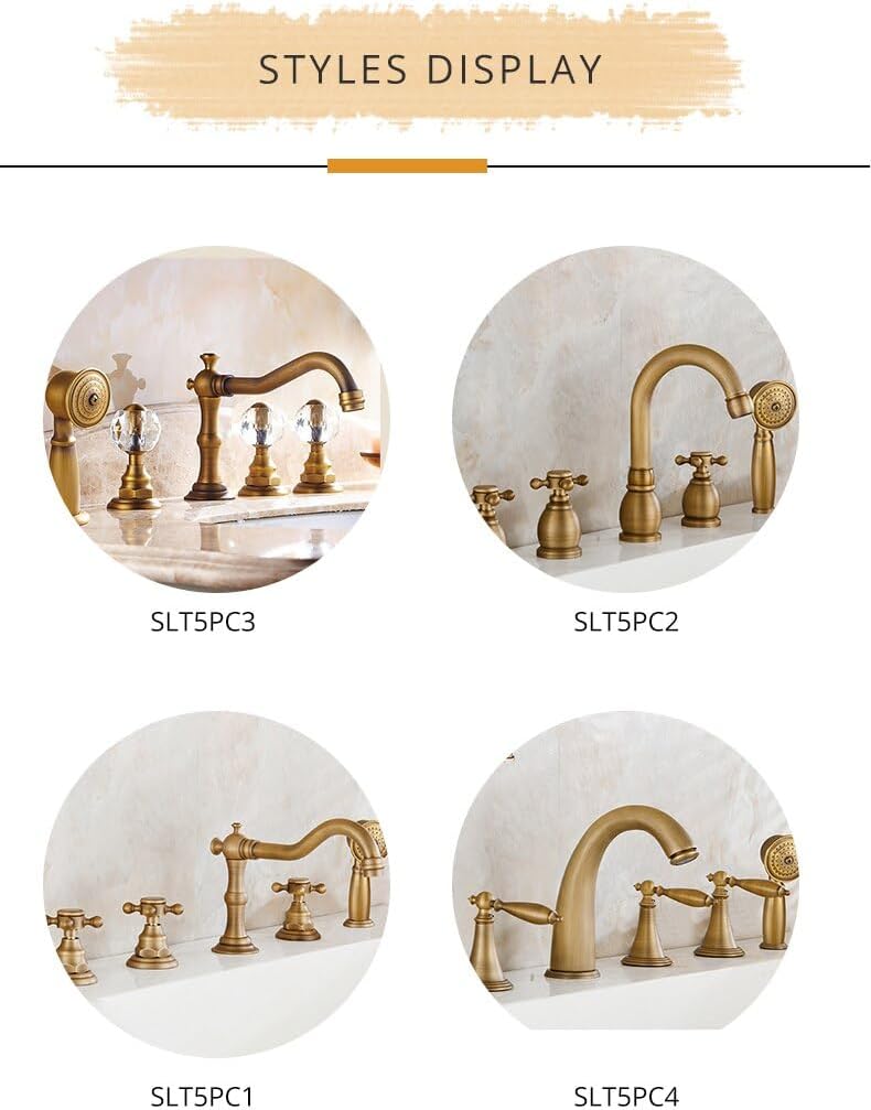 Basin Faucets Deck 5 Holes Antique Brass Bathtub Mixer Faucet Handheld Shower Widespread Bathroom Faucet Set Water Tap(White)