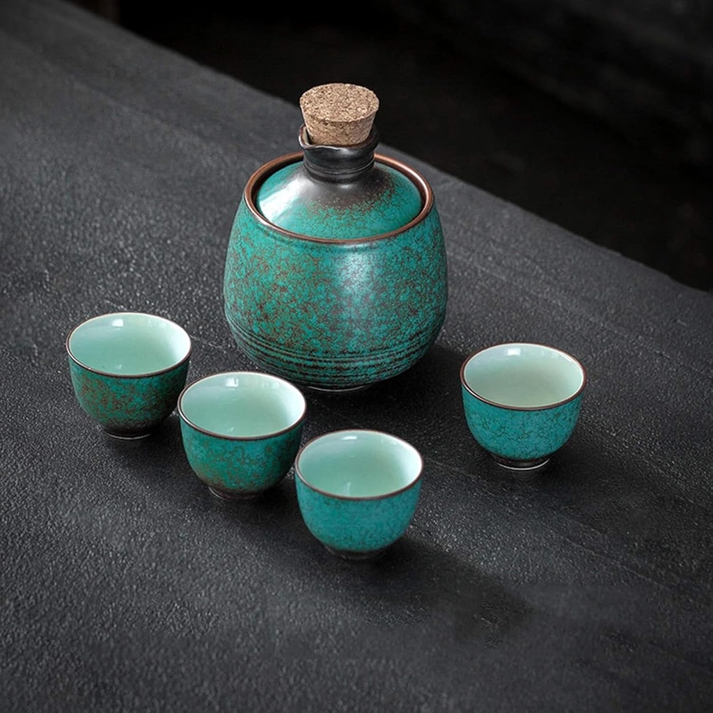 Japanese Ceramic Sake Set with Warmer, Gift Set with Serving Carafe, Warmer Bowl and 4 Sake Cups, 6 Pieces