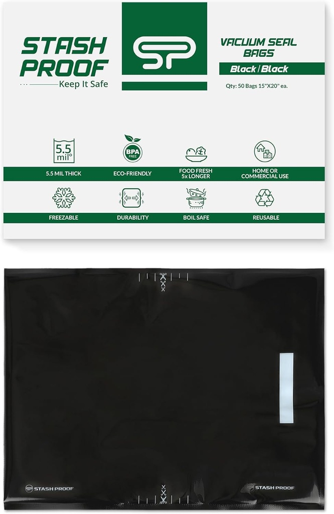 Vacuum Seal Bags 15" x 20" (50 Count) 5.5 Mil (Black and Black) - BPA Free Commerical Grade Food Saver for Storage, Sous Vide, and Meal Prep Sealer Bag