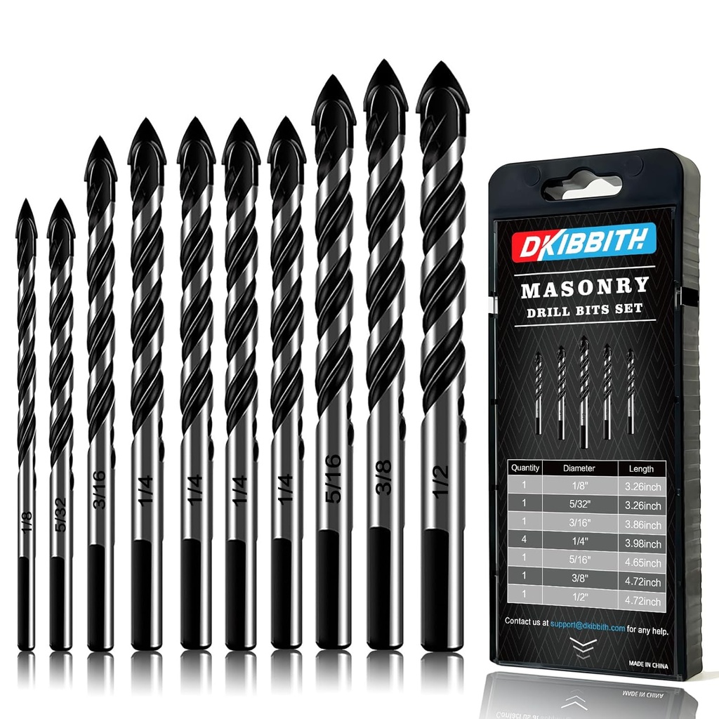 10-Piece Masonry Drill Bit Set for Concrete Tile Glass Ceramic Brick,1/8 to 1/2 Inch Drilling Bits with Triangle Handle,Tungsten Steel Alloy Tip.（Black）
